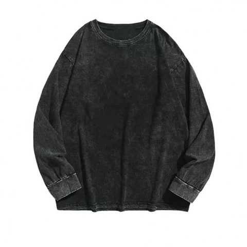 Heren Puur Katoen Acid Wash Lange Mouw T-Shirt Vintage High Street Distressed Oversized Ronde Hals Casual Streetwear Top