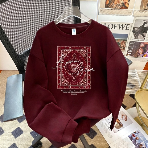 Damen Vintage Baumwolle Langarm T-Shirt Lockerer Schnitt Weinrot Bedrucktes Grafik Oberteil Born Again Buchstaben Casual Sweatshirt