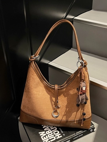 Bolso Tote Vintage de Cuero PU para Mujer Gran Capacidad Aspecto Gamuza Bolso de Hombro Con Colgante de Oso de Peluche Bolso Retro Minimalista
