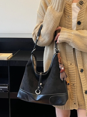 Bolso Tote Vintage de Cuero PU para Mujer Gran Capacidad Aspecto Gamuza Bolso de Hombro Con Colgante de Oso de Peluche Bolso Retro Minimalista