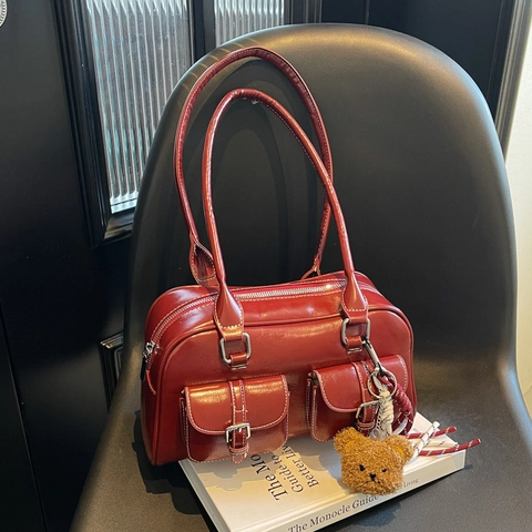 Borsa Sottobraccio da Donna in Pelle PU Vintage Con Doppie Tasche Anteriori Cuciture a Contrasto Ciondolo a Orsetto