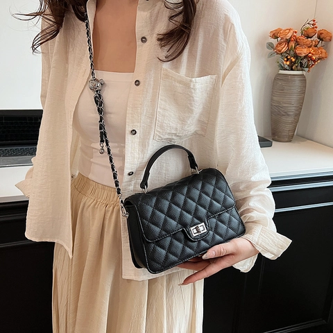 Borsa a Tracolla a Catena Trapuntata a Rombi da Donna Elegante Borsa a Tracolla in Pelle PU Con Parti Metalliche Argento Borsa a Mano Quadrata