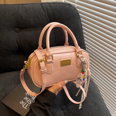 Fashion PU Leather Bowling Bag For Women Korean Style Crossbody Bag Solid Color Boston Shoulder Bag With Letter Charm Gift