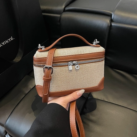 Sac Boîte en Toile et Cuir PU Patchwork pour Femmes Couleur Contrastée Petit Sac Bandoulière Carré Décontracté Main Quotidien