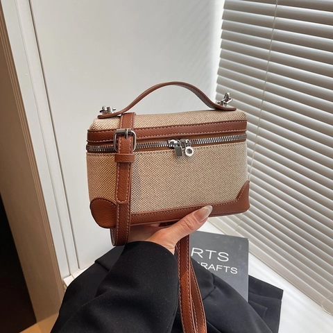 Sac Boîte en Toile et Cuir PU Patchwork pour Femmes Couleur Contrastée Petit Sac Bandoulière Carré Décontracté Main Quotidien