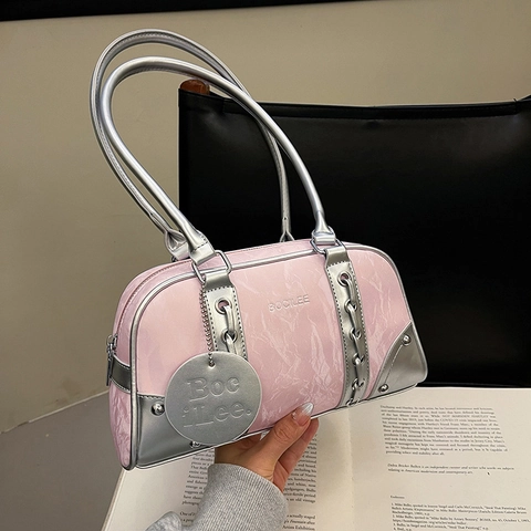 Borsa Boston in Pelle PU Vintage Donna con Texture Marmo Borsa a Spalla Sottobraccio Moda Manico in Metallo Argento