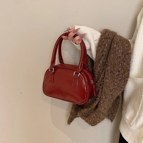 Bolso de Mano Boston de Cuero PU Brillante Retro para Mujer Bolso Almohada Vintage Bolso de Hombro Moda Color Sólido Casual
