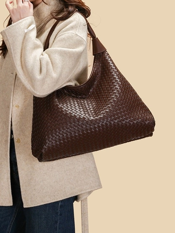 Large Capacity Woven Shoulder Bag For Women Fashion PU Leather Hobo Tote Bag Commute Underarm Bag With Weaving Pattern
