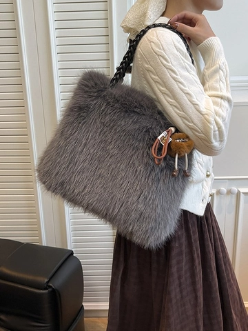 Women Faux Fur Tote Bag Chic Woven Handles Autumn Winter Furry Shoulder Bag Large Capacity Handbag With Plush Pendant