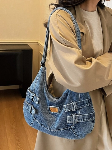 Damen Vintage Gewaschen Denim Hobo Tasche Große Kapazität Umhängetasche Schultertasche Distressed Denim Geldbörse Mit Schnallen