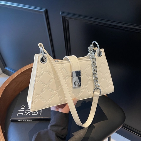 Dames Vintage Geometrische Reliëf Ondertstas PU Leer Zilveren Ketting Flap Schoudertas Voor Dagelijks Gebruik Mode Handtas