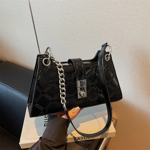 Dames Vintage Geometrische Reliëf Ondertstas PU Leer Zilveren Ketting Flap Schoudertas Voor Dagelijks Gebruik Mode Handtas