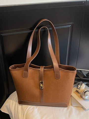 Bolso Tote Vintage de Gran Capacidad para Mujer Cuero PU Textura Ante Color de Contraste Bolso de Moda Con Cierre Dorado