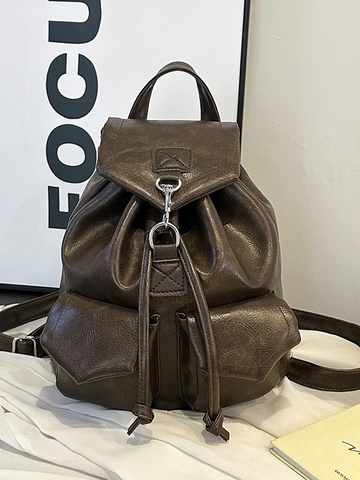 Vintage Women PU Leather Backpack Large Capacity Drawstring Flap Multi Pocket Daily Commuter Shoulder Bag Travel Rucksack