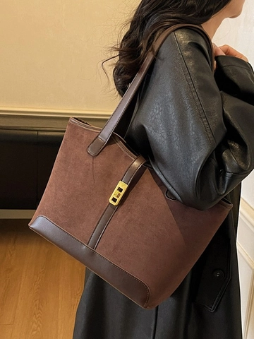 Bolso Tote Vintage de Gran Capacidad para Mujer Cuero PU Textura Ante Color de Contraste Bolso de Moda Con Cierre Dorado