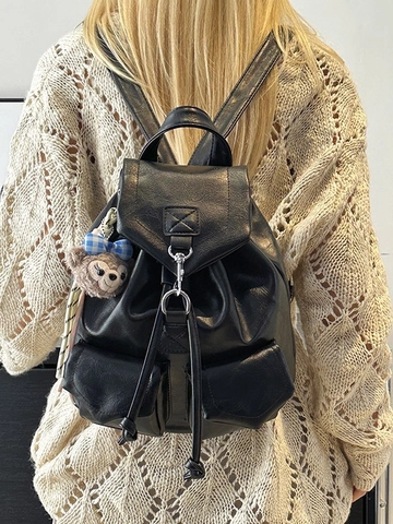 Vintage Women PU Leather Backpack Large Capacity Drawstring Flap Multi Pocket Daily Commuter Shoulder Bag Travel Rucksack