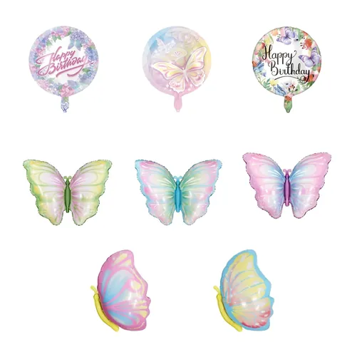 Gradient Butterfly Aluminum Foil Balloons Round Floral Happy Birthday Balloons For Kids Birthday Party Decoration Supplies