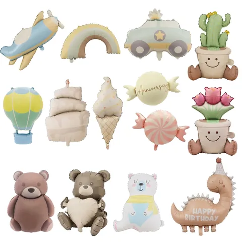 Matte Cartoon Animal Foil Balloon Happy Birthday Party Decoration Bear Rainbow Dinosaur Cake Shape Mylar Balloon For Kids Gift