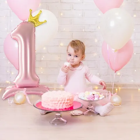 Globo de Número con Corona de Pie de 42 Pulgadas de Papel de Aluminio Metálico Mylar para Decoración de Fiesta de Cumpleaños Boda Rosa Azul