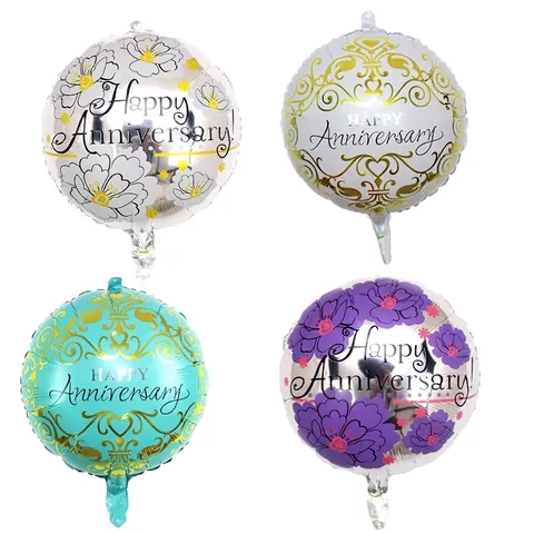 Round Happy Anniversary Aluminum Foil Balloon For Wedding Anniversary Party Decoration Floral Printed Celebration Helium Balloon