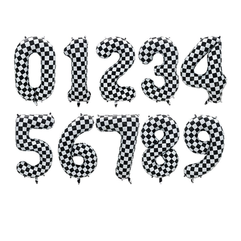 Checkered Pattern Number Balloon Aluminum Foil Large Digital Balloon For Racing Car Theme Birthday Party Decoration