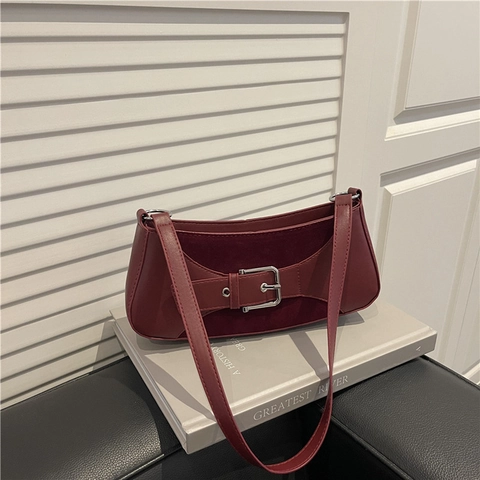 Women Retro Underarm Bag PU Leather Splicing Shoulder Bag With Metal Buckle Vintage Style Solid Color Casual Handbag