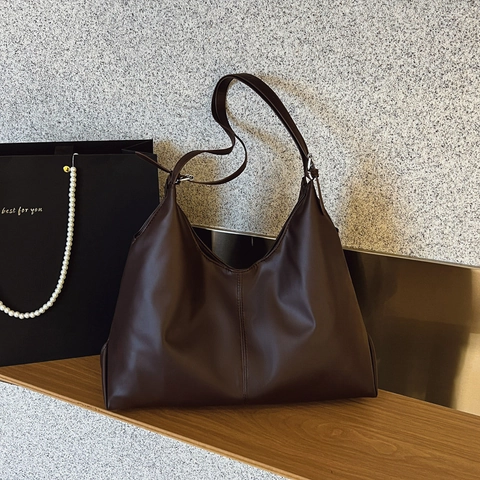 Bolso Tote de Cuero PU de Gran Capacidad para Mujer Bolso de Hombro Minimalista Retro Color Sólido Costura Hobo Bolso