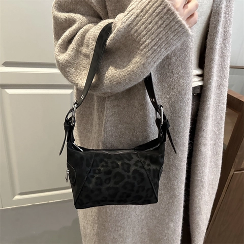 Damen Vintage Leopardenmuster Hobo Tasche Wildlederimitat Große Kapazität Schulter Umhängetasche Casual Streetwear Pendeln