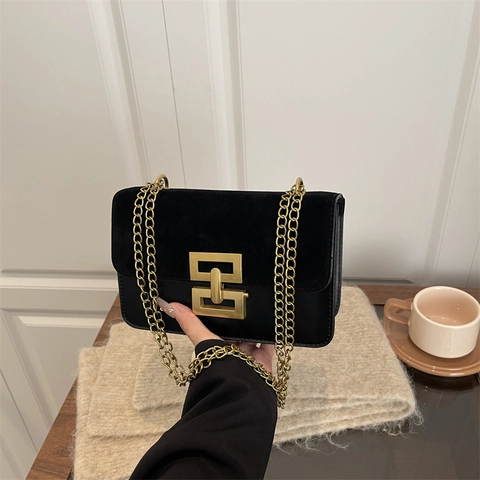 Women Retro Suede Patchwork Chain Crossbody Bag Fashion Solid Color Small Square Bag With Geometric Lock Shoulder Bag