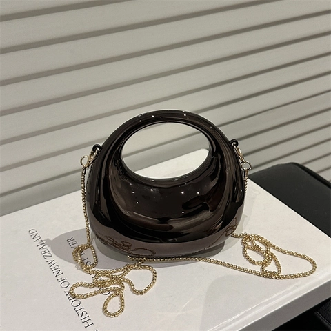 Damen Mini Verspiegelte Metall Umhängetasche Hohlgriff Halbmond Tasche Schulterkette Tasche Mode Abend Clutch Schmuck Tasche