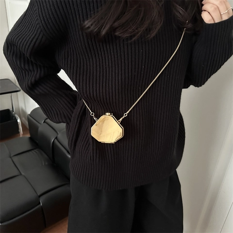 Borsa a Tracolla da Donna alla Moda Specchio Metallico Mini Lusso Scatola in Acrilico Custodia per Auricolari Oro Argento Catena