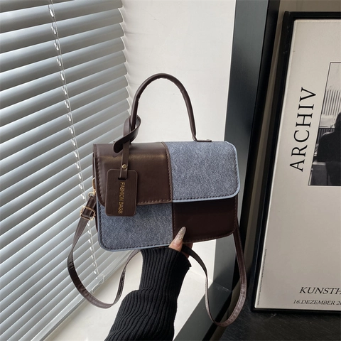 Sac à Bandoulière Patchwork pour Femmes Vintage en Cuir PU Tissu Sac à Épaule Petit Sac Carré Couleur Contrastée