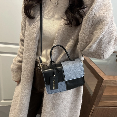 Sac à Bandoulière Patchwork pour Femmes Vintage en Cuir PU Tissu Sac à Épaule Petit Sac Carré Couleur Contrastée