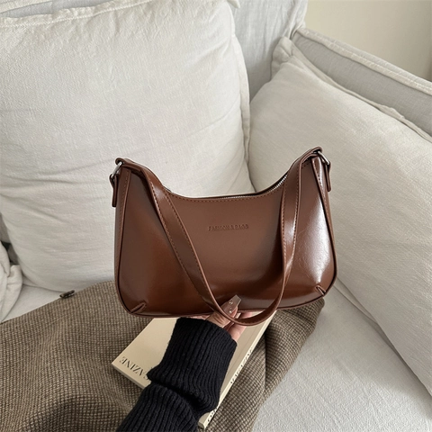 Bolso de Axila de Cuero PU Vintage para Mujer Minimalista Brillante Bolso Hobo Moda Color Sólido Bolso de Hombro Retro