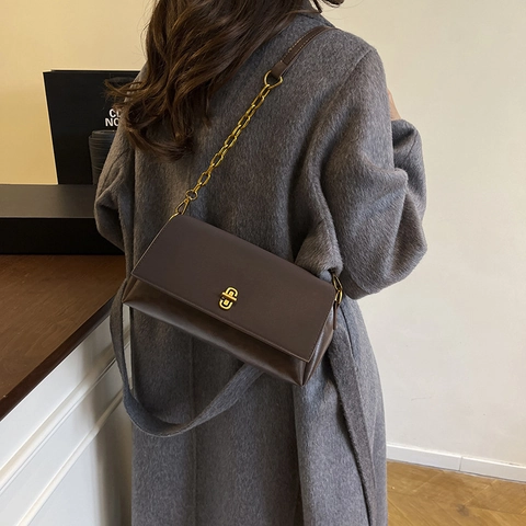 Vintage Damen PU Leder Umhängetasche Goldkette Metall Drehverschluss Klappe Schultertasche Elegant Retro Quadratische Handtasche