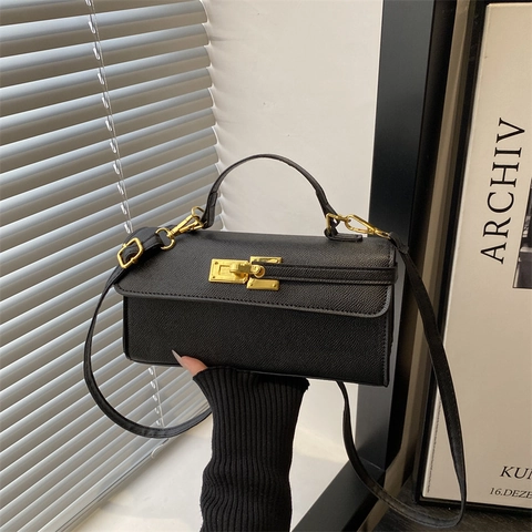 Kelly Style Mini Square Bag PU Leather Women Handbag With Crossbody Strap Golden Metal Lock Top Handle Daily Shoulder Bag