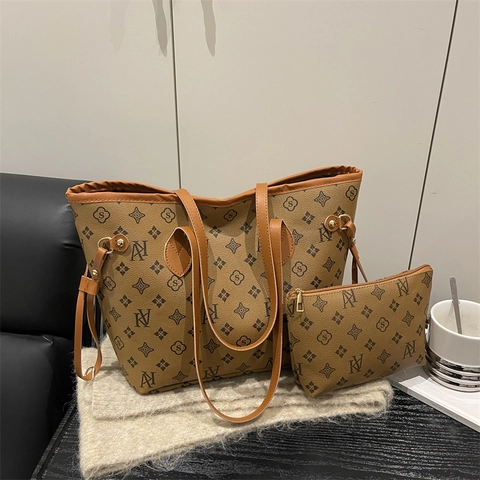 Luxury Monogram Tote Bag For Women Large Capacity Shoulder Bag With Small Pouch Vintage Pattern Synthetic Leather Handbag