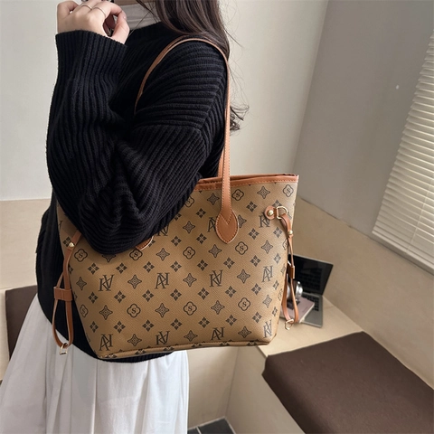 Ensemble Sac Cabas Vintage Monogramme pour Femmes Grande Capacité Sac à Épaule Pochette Cuir Synthétique Sac à Main Rétro