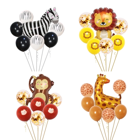 Set di Palloncini in Lattice e Alluminio Animali della Savana Decorazioni per Festa di Compleanno Bambini Zebra Leone Elefante Giraffa