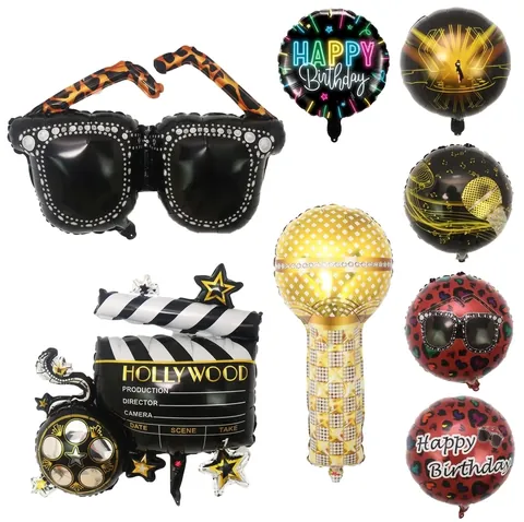 Palloncini in Alluminio a Tema Film di Hollywood Microfono Musicale Occhiali da Sole Leopardati Fotocamera Decorazioni per Feste Compleanno