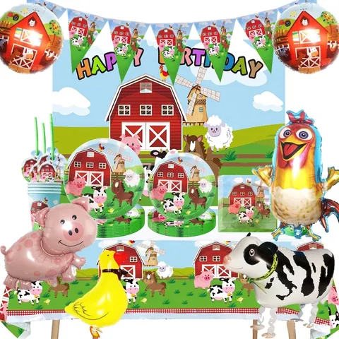 Set Decorazioni per Feste a Tema Animali della Fattoria Cartone Animato Compleanno Mucca Palloncini Piatti Carta