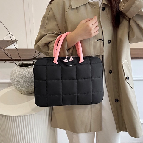 Sac Ordinateur Matelassé en Nylon Imperméable Sacoche Rembourrée à la Mode pour Femmes Hommes Bureau Voyage École