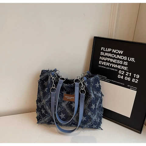 Borsa Tote in Denim Effetto Consumato per Donna Grande Capacità Stampa a Stella e Scacchiera Bordi Sfrangiati Borsa a Spalla Moda Casual