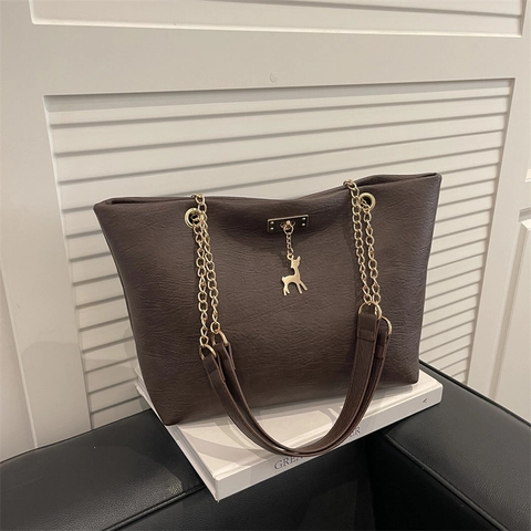 Borsa Tote Grande da Donna in Pelle PU Borsa a Tracolla Con Tracolla a Catena e Ciondolo a Cervo Oro Elegante Borsa Pendolare