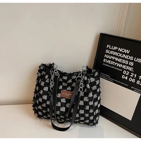 Borsa Tote in Denim Effetto Consumato per Donna Grande Capacità Stampa a Stella e Scacchiera Bordi Sfrangiati Borsa a Spalla Moda Casual