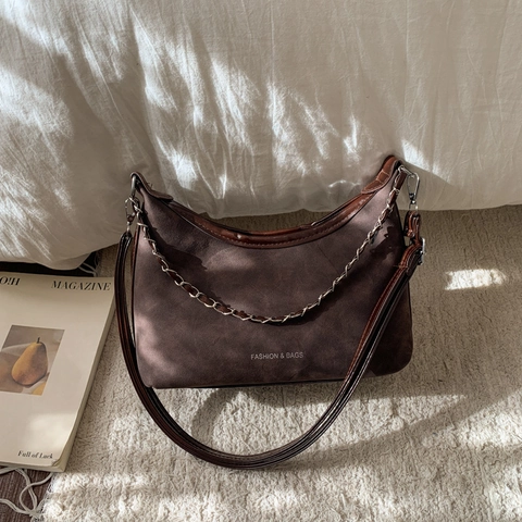 Borsa a Tracolla da Donna Retro in Pelle PU con Texture Smerigliata Borsa a Spalla Sottobraccio Hobo Bag con Catena in Metallo Grande Capacità Pendolarismo