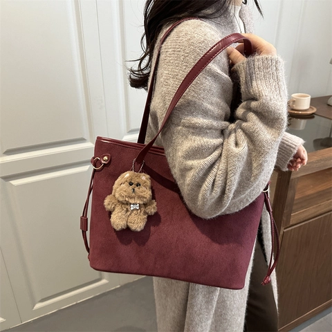 Bolso Tote de Gamuza de Gran Capacidad para Mujer Vintage Sofisticado Color Sólido Bolso de Hombro Moda Viaje Diario