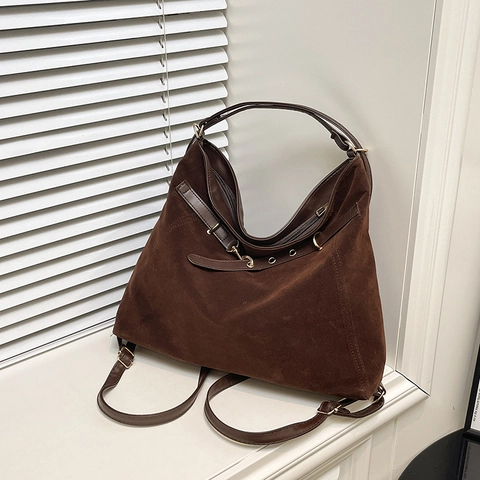Vintage Suede Large Capacity Hobo Bag For Women Minimalist Tote Shoulder Bag With Grommet Buckle Strap Casual Commuting Bag