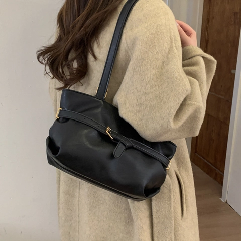 Vintage Damen PU Leder Tragetasche Große Kapazität Minimalistische Umhängetasche Dekorative Gürtelschnalle Mode Handtasche