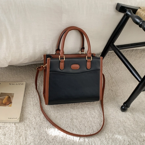 Sac Tote en Cuir PU Patchwork Rétro Minimaliste pour Femmes Grande Capacité Sac à Main Travail Sac Bandoulière